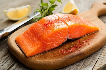 Salmon fillet, red salted fish on a wooden chopping