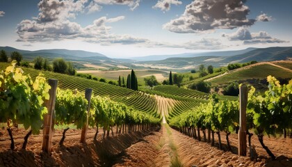 Naklejka premium An illustration of a picturesque vineyard with rows of grapevines and a simple backdrop to h