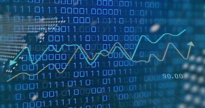 Binary coding and financial data processing animation over fluctuating stock market graph