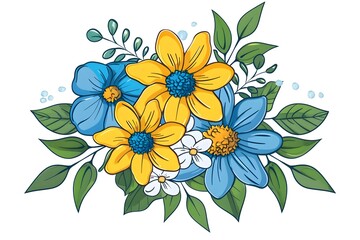 Bouquet of yellow and blue flowers. Stylish yellow and blue flowers bouquet cartoon watercolour illustration isolated on white background