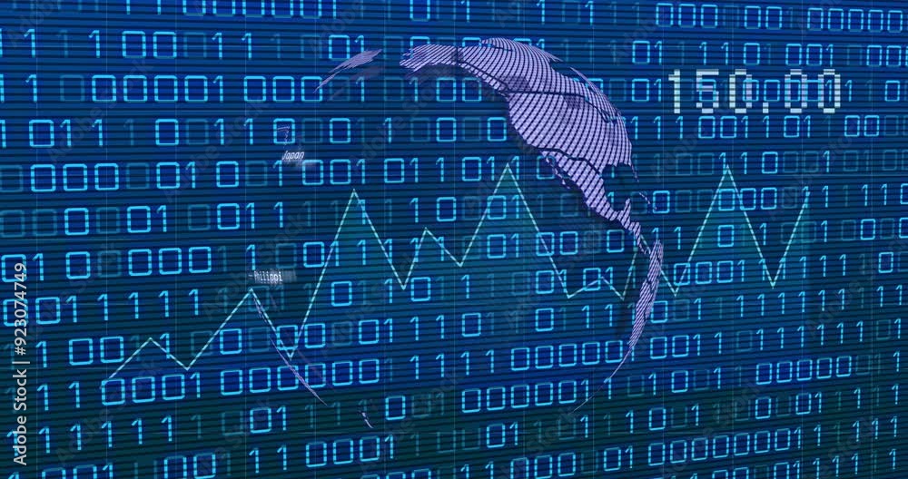 Poster binary code and globe with financial data animation over blue digital background