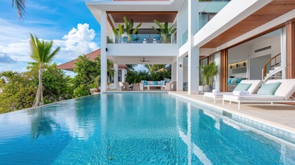 Fototapeta premium Luxury beachfront villa with infinity pool, ultimate vacation retreat.