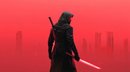 Cyberpunk samurai knight, glowing blade, futuristic skyline, urban dystopia