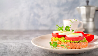 Toast with avocado, boiled egg, tomatoes and microgreens on a plate. Keto diet food.