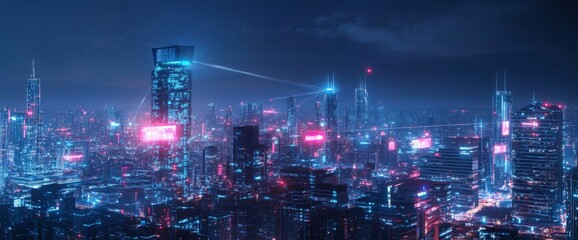 Naklejka premium Abstract cityscape with digital data lines and night sky, futuristic skyline background. Concept of global network connection technology in an urban environment. 