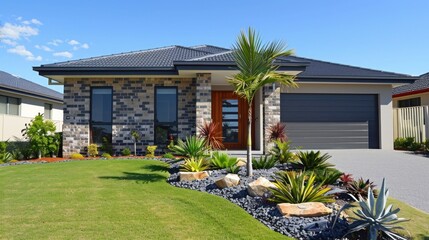 Modern Brick House with Lush Landscaping