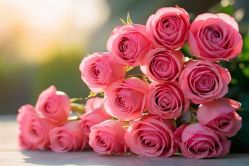 Pink coral roses in the morning light garden on blur background