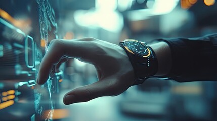 Hand with futuristic smartwatch interacting with a digital interface