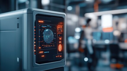 A futuristic safe with a glowing biometric scanner and holographic display, in a high-tech laboratory.