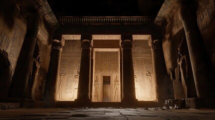 Ancient Egyptian Temple Interior with Hieroglyphics and Statues