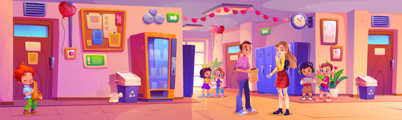 Children in school hallway on Valentine Day. Vector cartoon illustration of locker corridor decorated with heart balloons and garland, students in love exchanging romantic gifts, boy playing saxophone