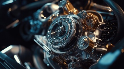 Fototapeta premium Close-up of a shiny engine with gold details.