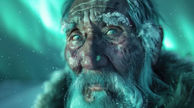 An elderly man enjoys the northern lights amidst a snow-covered terrain - Powered by Adobe