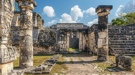 The Chichen Itza ruins under the bright midday sun, showcasing the architectural details and historical significance of the site