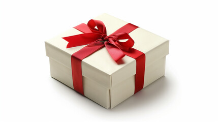 Fototapeta premium White gift box with red bow . isolated on white background, White gift box with a red bow on white background. 3D rendering, White gift boxes with red ribbon on pink background. 3d rendering. 