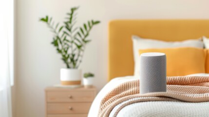 Voice assistant providing weather updates in a bedroom, informative and convenient.