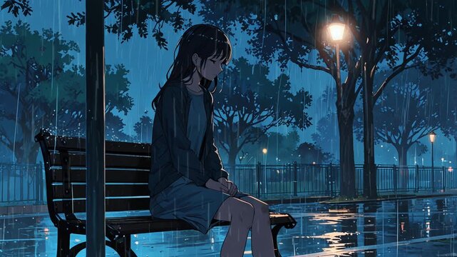 anime background: a girl under the rain smooth looping video, 4K animation