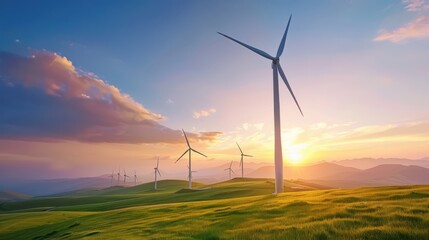 Obraz premium Wind turbines generating energy on a farm, renewable and rural sustainability.