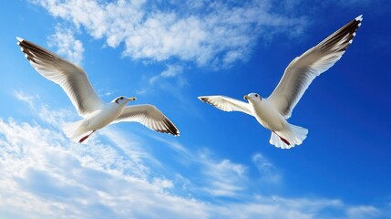 Obraz premium Two Seagulls Flying in a Blue Sky with White Clouds