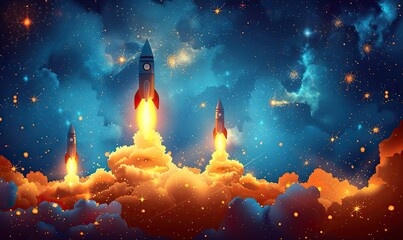 4th of july usa independence day celebration poster design with rocket fireworks on blue background.