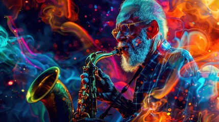 An elderly musician passionately performs on stage, illuminated by vibrant colors and swirling smoke