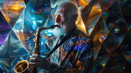 An elderly man passionately plays the saxophone surrounded by vibrant, reflective surfaces