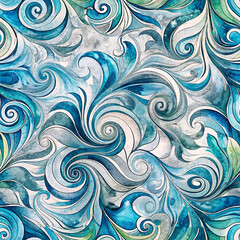 Whimsical Aqua Swirls: A mesmerizing seamless pattern of swirling abstract forms in cool blues and grays, perfect for modern design projects with a touch of whimsy.  