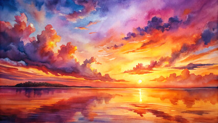 Serene Sunset Reflection: A breathtaking watercolor painting captures the fiery beauty of a sunset over a tranquil lake, with vibrant hues of orange, pink, and purple painting the sky and reflecting i