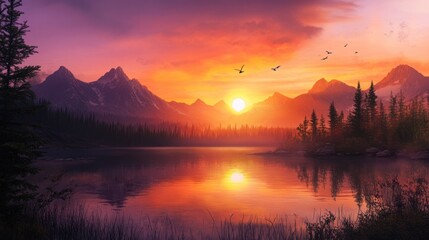 Majestic Mountain Sunrise Over Tranquil Lake - A stunning sunrise illuminates the mountains and reflects on a calm lake, creating a peaceful and vibrant natural scene.