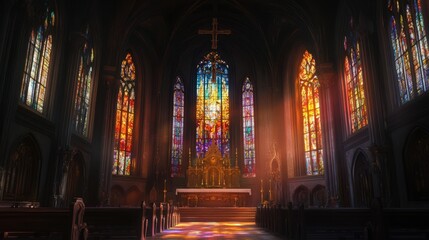 Obraz premium The interior of a cathedral bathed in the soft glow of stained glass windows, casting colorful light across the ornate altar and pews