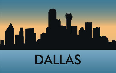 Dallas. The city skyline. Silhouettes of buildings. The sunset of the day. Vector on a blue background