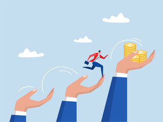 Leader hand helping supporters,businessman jumping up giant hand growth ladder to progress target. giant hands supporting bridge at abyss, Partnership support concept