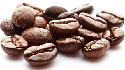 Naklejka premium A close-up view of dark roasted coffee beans with rich textures, showing the details of their shiny surfaces against a white background.