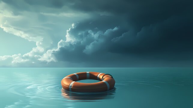 A single orange life preserver floats in calm water under a dark, ominous sky.