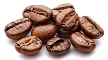 Fototapeta premium A close-up of roasted coffee beans with rich brown color and textured surfaces isolated on a white background, representing a raw ingredient for coffee beverages.