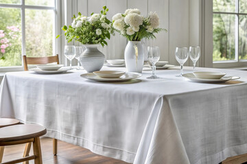 Serene Dining: Pristine white tablecloth adorns a table set for a meal, sunlight streaming in, exuding elegance and simplicity.
