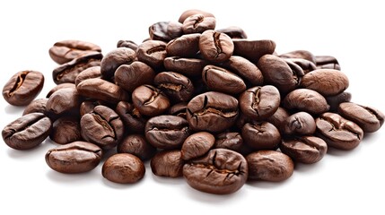 A pile of roasted coffee beans isolated on a white background, showcasing their rich brown color and glossy texture indicative of freshness and quality.