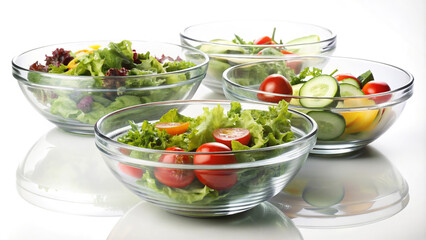 Fresh Salad in Glass Bowls: A vibrant and healthy salad with fresh lettuce, tomatoes, and olives is served in elegant glass bowls. Perfect for showcasing healthy eating and a vibrant lifestyle. 