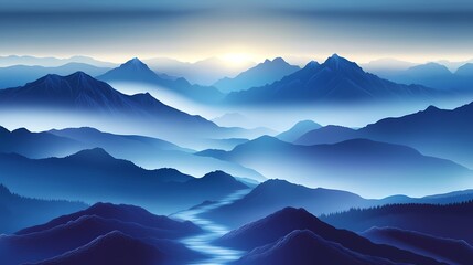 A panoramic view of a mountain range with a river winding through the valleys, bathed in the soft light of dawn.