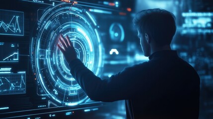 Silhouette of businessman touching glowing futuristic circular hologram screen with hi-tech artificial intelligence AI interface platform button in dark room