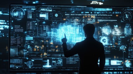 Fototapeta premium Silhouette of businessman pointing at futuristic screen with hi-tech glowing hologram massive number of charts graphs business data in dark room