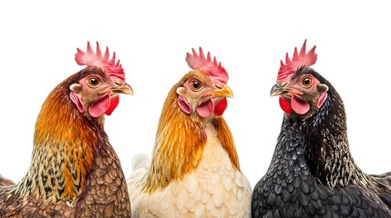 Fototapeta premium A group of three hens standing side by side, isolated on a white background.