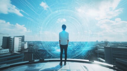 Asian man in white shirt stands on rooftop with AI Artificial Intelligence round hologram interface blue sky white clouds city view