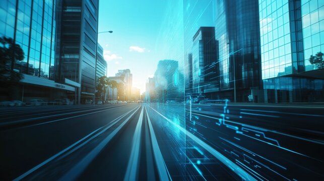 Artificial Intelligence AI circular interface in middle of city street next to office buildings surveillance of security camera