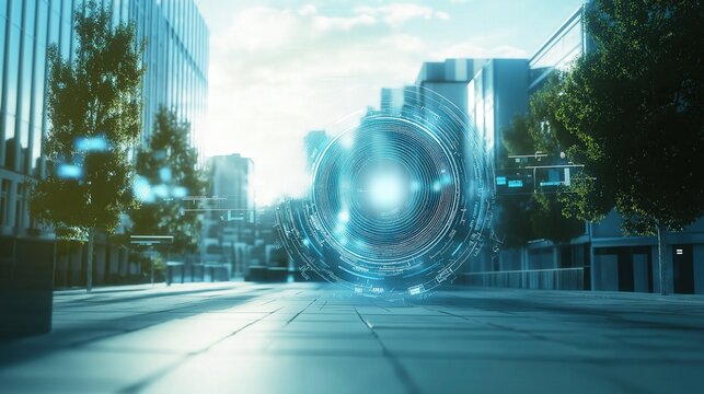 Artificial Intelligence AI circular interface in middle of city street next to buildings trees surveillance of security camera - Powered by Adobe