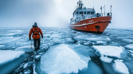 Obraz premium Person Walking on Ice Floes with a Ship in the Distance