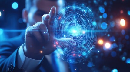 Fototapeta premium Hand of businessman touching futuristic hologram screen with hi-tech artificial intelligence AI big data interface platform in dark room Caucasian male in suit