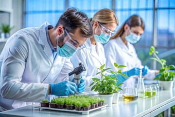 Scientific Exploration: A team of dedicated scientists diligently work in a modern lab, investigating plant growth and development. Their focus, precision, and cutting-edge equipment symbolize the pur