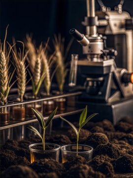 Microscope and Wheat Sprouts: A close-up, moody image of a microscope and wheat sprouts in test tubes, symbolizing scientific research and the potential for agricultural innovation. 