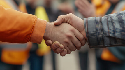 Two workers shaking hands, with other hands in the background clapping or patting backs, symbolizing agreement and teamwork